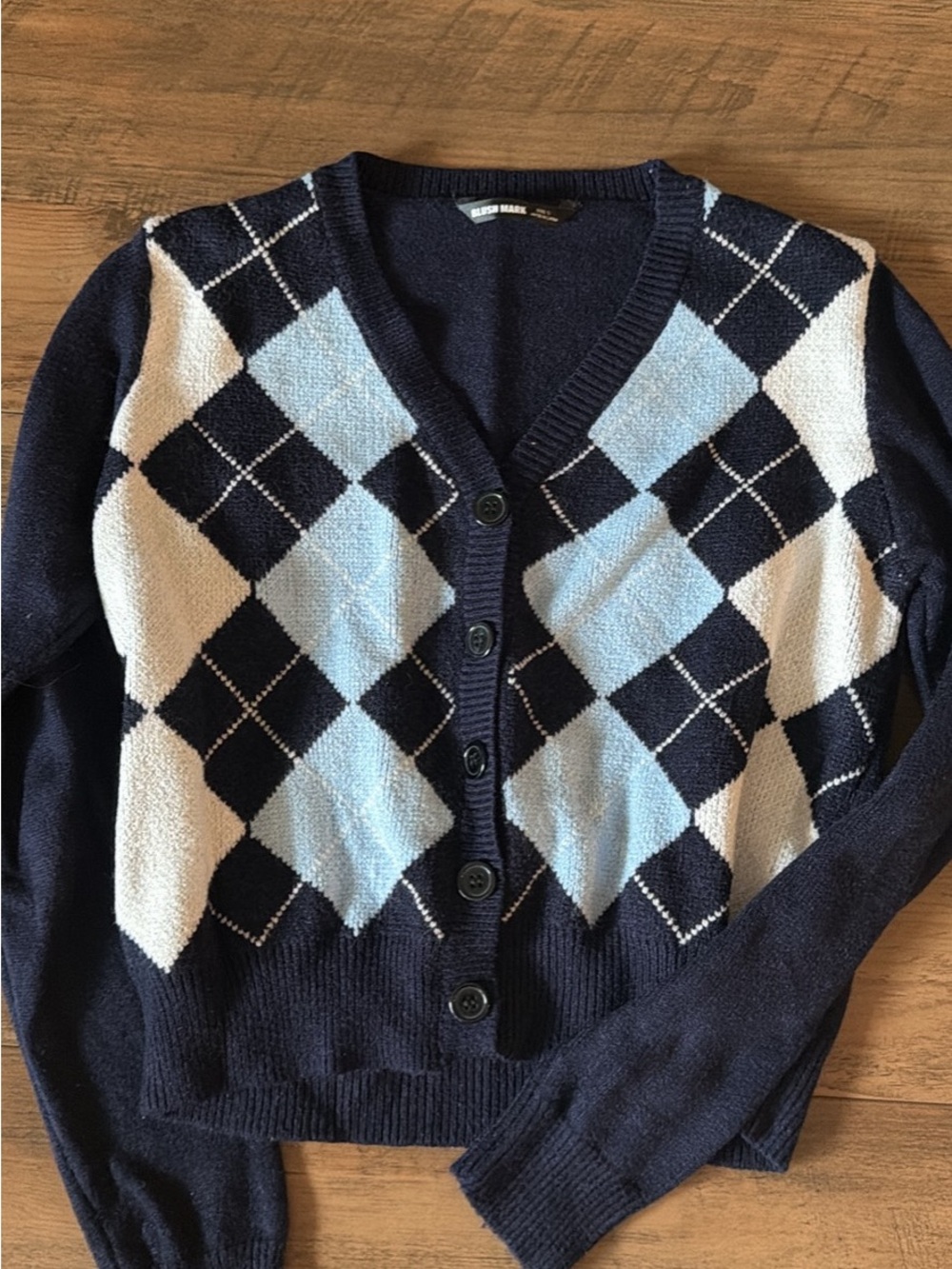 Striped Argyle Navy and Light Blue Button Cardigan Sweater